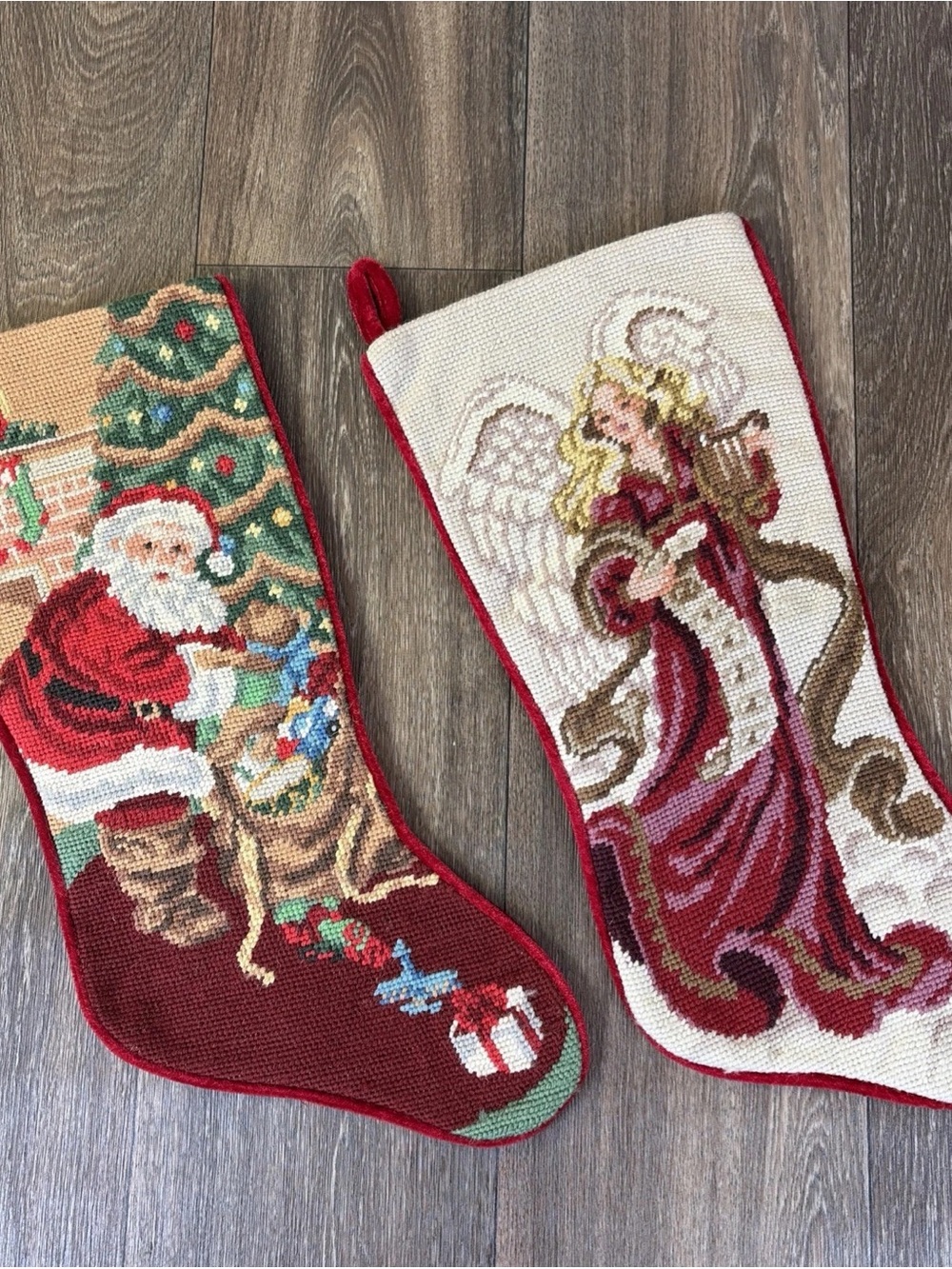 Lot of 2 Vintage Wool Needlepoint Christmas Stockings Santa Angel Velvet Back